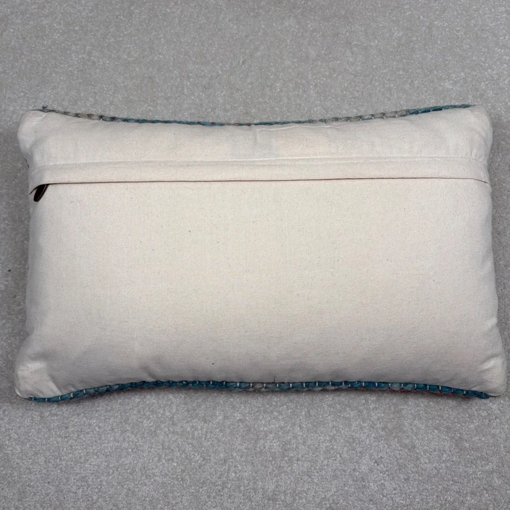 Loloi Wool Jute Geometric‎ Lumbar Pillow 13x21 Blue Cream Boho Woven Cushion